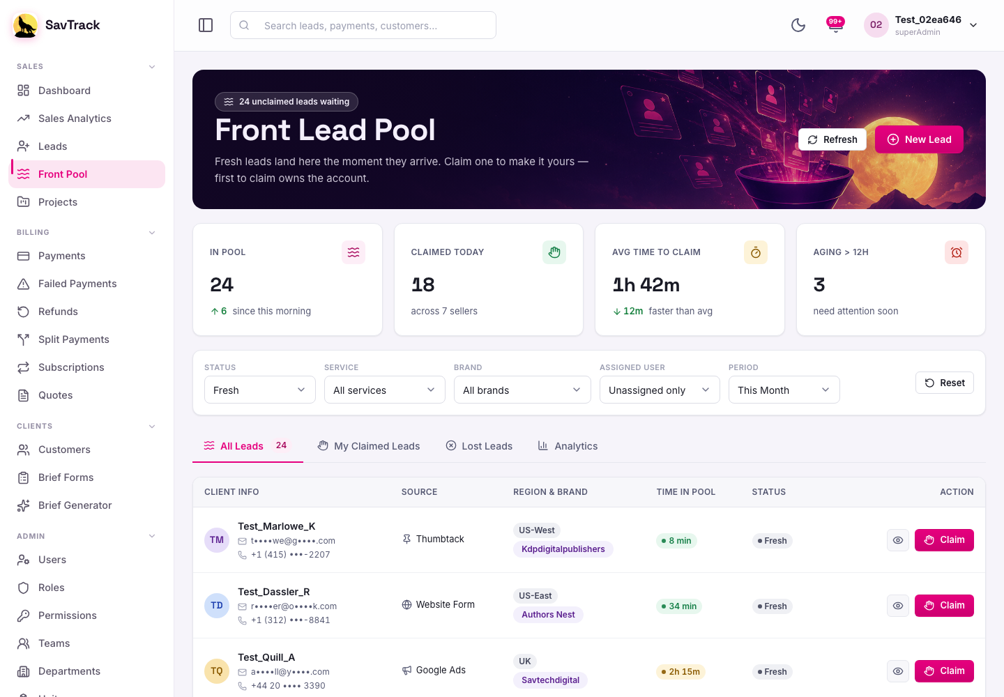 SavTrack front pool with incoming leads tagged by channel and brand, ready to claim.