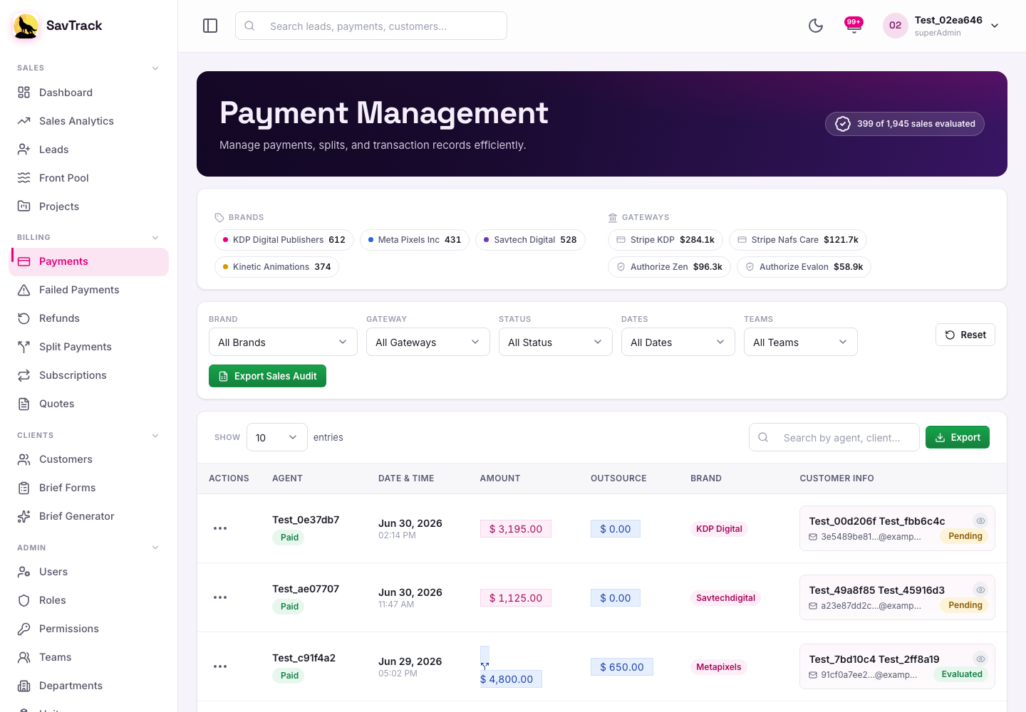 SavTrack payments screen listing invoices with gateway, amount and payment status.
