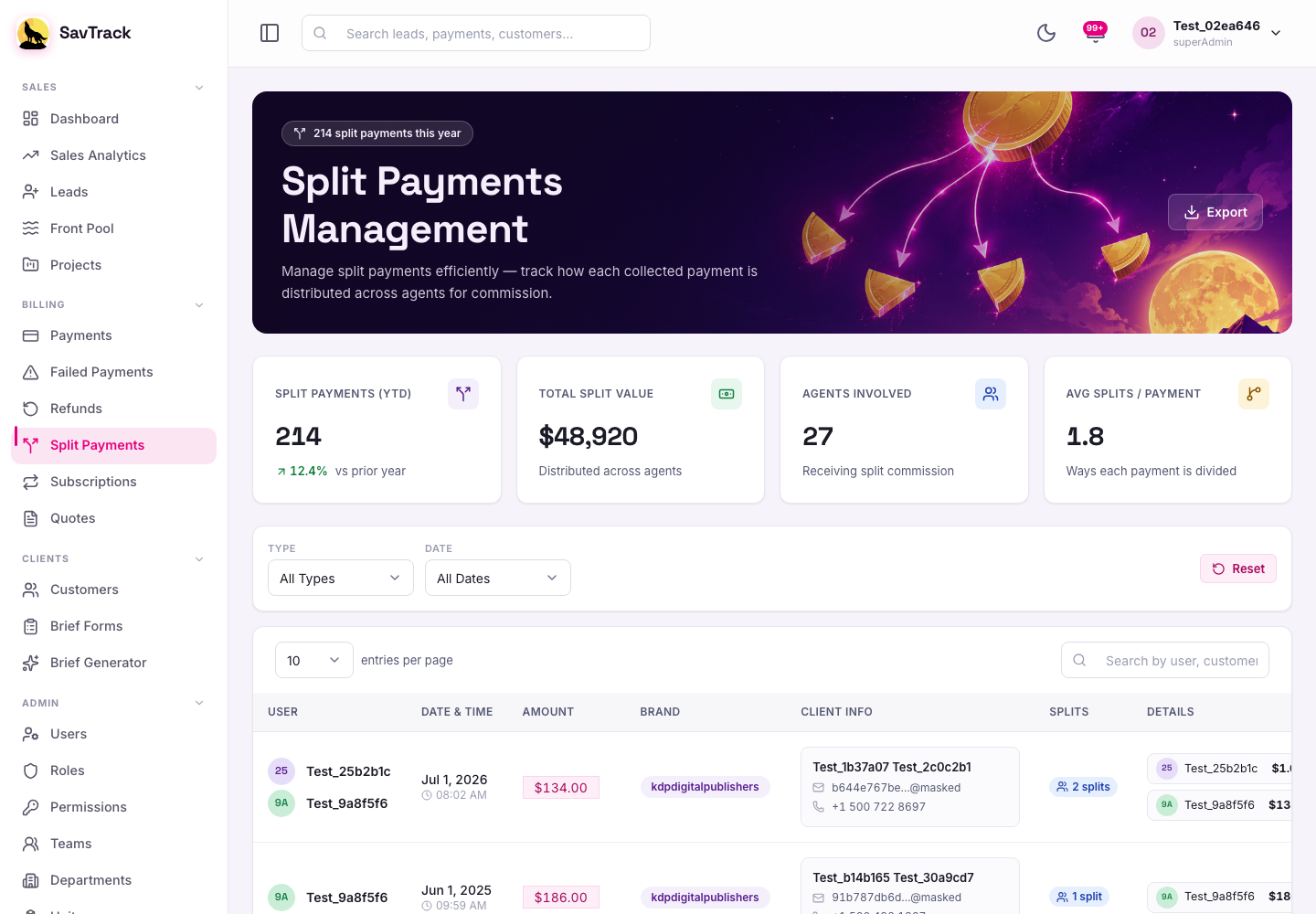 SavTrack split payments view breaking a paid deal into per-seller commission shares.